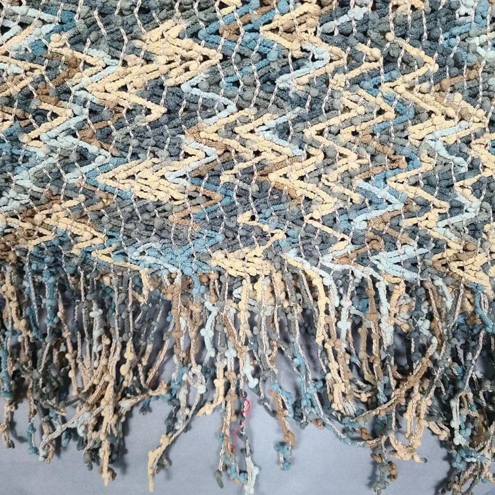 Chenille Woven Knit Open Weave Throw Blanket Chevron Pattern With Fringe Ocean